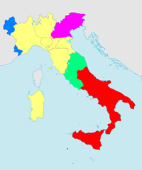 Une carte montrant toute l'Italie avec le Royaume des deux Siciles en rouge dans le bas.