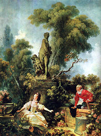 Fransız sanatçı Fragonard'ın bir Rokoko tablosu. Rokoko sanatı doğası gereği özenli, eğlenceli, narin renklerle dolu ve genellikle espriliydi.