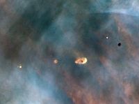 Udsigt over flere "proplyds" i Orionnetågen taget af Hubble-rumteleskopet