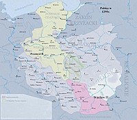 The political situation of the Polish duchies in 1295, and the dominion of King Przemysław (yellow).