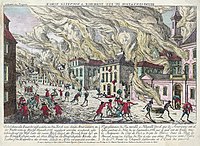 Un'illustrazione del 1776 di un artista sconosciuto dell'incendio che distrusse gran parte della città