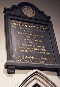Epitafium i St. Patrick's Cathedral, Dublin, nær hans gravsted.