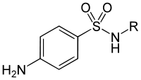 General structure of para-aminobenzenesulfonamide. R is an organyl group (alkyl, aryl, etc.) or a hydrogen atom.