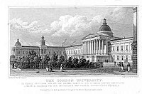 London University som tegnet af Thomas Hosmer Shepherd og udgivet i 1827/28. Dette var det oprindelige navn på University College London, som stadig ligger på stedet.