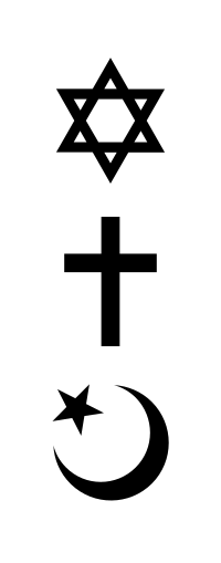 Simboli delle tre maggiori religioni abramitiche: la stella di Davide ebraica, la croce cristiana e la stella e la mezzaluna usate per rappresentare l'Islam.