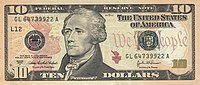 Hamilton Yhdysvaltain 10 dollarin setelissä