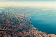Morocco Mediterranean coast (west side) - aerial view from Bades over El Jebha to Tétouan with Rif mountains, Tangier-Tétouan region (2014)