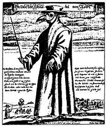 "Doktor von Rom" Kunstwerk von Paulus Fürst 1656. Mit solcher Kleidung wollten sich die Ärzte in Rom vor dem schwarzen Tod schützen (in Rom, 1656).