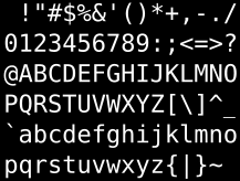 95 graafilist ASCII-märki numbritega 32-126 (kümnendmärgina).
