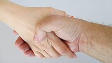 Greeting with a handshake between woman and man in accordance with etiquette