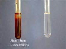 Lecture des médias Distincton des alcanes et des alcènes. Sur la gauche : A droite : le cyclohexane ne réagit pas avec le bromure d'eau : Le cyclohexène réagit.