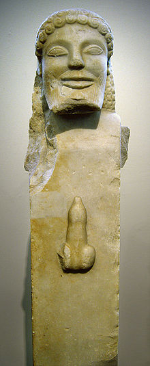 Palaestrze przewodniczył Herm. Pocieranie jego fallusa przynosiło szczęście. (Marmur; ok. 520 p.n.e.; 66 cm (25 ¾ cala); Narodowe Muzeum Archeologiczne, Ateny)