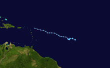 Trajectoire de la tempête de la Dépression tropicale dix. Cette échelle utilise la palette de couleurs de l'échelle des ouragans de Saffir-Simpson. Les couleurs indiquent la cote de la tempête sur l'échelle dans un endroit particulier.