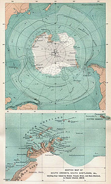 Mapy antarktických oblastí z roku 1894 ukazující omezené znalosti antarktické geografie 70 let po Morrellovi. Na spodní mapě je vyznačeno Rossovo objevení, ale ne Nové Jižní Grónsko.