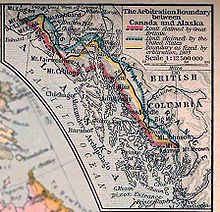 Territorial claims in the Alaska Panhandle Red: Western border claimed by Great BritainBlue : Eastern border claimed by the U.S.A.Yellow : Present-day border demarcation
