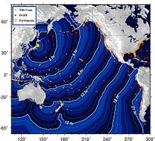 Mapa de previsão do tempo de viagem estimado para o tsunami de Sendai 2011, Japão.