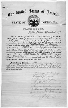 Tunnistus, mis näitab, et Louisiana valijad hääletasid Rutherford B. Hayesi ja William A. Wheeleri poolt (1876).