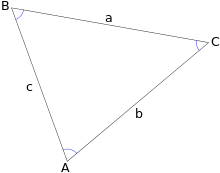 Un triangolo etichettato con le lettere necessarie per questa spiegazione. A, B e C sono gli angoli. a è il lato opposto ad A . b è il lato opposto a B . c è il lato opposto a C