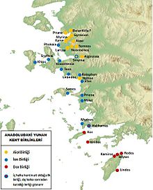 Ionia (on the west coast of present-day Turkey; ancient Ionian cities are blue)