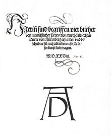 Das Titelblatt von Vier Bücher von menschlicher Proportion mit der monogrammierten Unterschrift von Albrecht Dürer