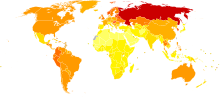 Žemėlapis, rodantis, kiek sveiko gyvenimo metų dėl alkoholizmo 2004 m. prarado 100 000 žmonių* Geltonos spalvos: Iki 50-410 metų * Oranžiniai: Nuo 410 iki 770 * Raudoni: nuo 770 iki 1250 * Tamsiai raudoni: Daugiau nei 1250