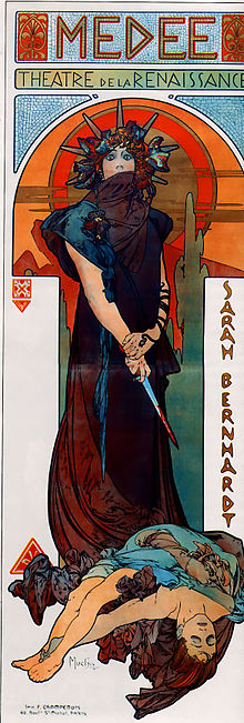 Plakát Alfonse Muchy k divadelnímu představení se Sarah Bernardtovou v roli Médeie (1898)