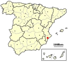 Alicante (roter Punkt) auf einer Karte von Spanien