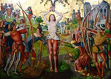 Longbowmen execute Saint Sebastian. Altarpiece from ca. 1493