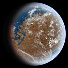 En kunstners idé om, hvordan den gamle Mars kan have set ud, baseret på geologiske data.