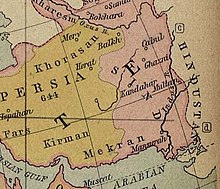 Territooriumide nimed kalifaadi ajal 750. aastal pKr. Khorasan oli osa Pärsiast (kollase värvusega).