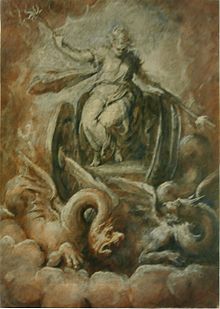Medea on the dragon chariot, drawn by Andrea Schiavone