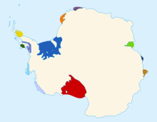 The largest shelf ice sheets in Antarctica (as of 2007). Ross (472,960 km²) Filchner-Ronne (422,420 km²) Amery (62,620 km²) Larsen C (48,600 km²) Riiser-Larsen (48.180 km²) Fimbul (41,060 km²) Shackleton (33,820 km²) George VI (23,880 km²) West (16,370 km²) Wilkins (13,680 km²)
