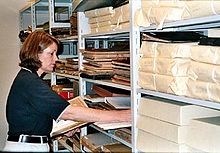 Ein Archivar, der eine nicht bearbeitete Materialsammlung begutachtet. Die Vermessung wird üblicherweise durchgeführt, um Prioritäten für die Erhaltung und/oder Konservierung von Materialien festzulegen, bevor ein Archivar mit der Anordnung und Beschreibung beginnt.