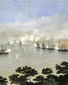 Brazilian tank gunboats during the shelling of Curupaytí.