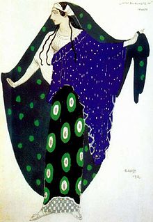 Baksti kostüümikujundus baleriin Ida Rubinsteinile Helene de Sparta rollis, 1912. aastal.