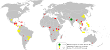 Bananenproduktion, als Prozentsatz des Spitzenproduzenten (Indien). Ein gelber Kreis steht für 10%, ein roter für 1%.
