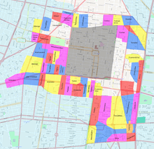 Calpulli (districts) of Tenochtitlan over modern city map. The grey rectangle is the residential district of the Spaniards after the conquest called "traza", the districts located there are not known. Condition at the end of the 18th century.