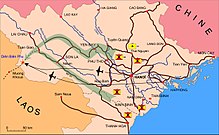 Location of Điện Biên Phủs in Vietnam, showing the French air supply routes as well as the Việt Minh approach and supply routes.