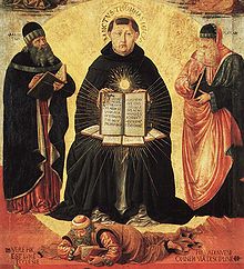 Benozzo Gozzoli, "Triumph of St. Thomas Aquinas over Averroes" (1468/84), detail. Thomas is enthroned between Aristotle and Plato, whose teachings he tried to combine, before him lies prostrate the Spanish-Arab philosopher Averroes. (Fantasy Portraits)