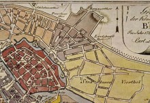 Section of the city map with the Königsvorstadt (1789) The old Berlin is shown in red, the Königsvorstadt to the northeast in brown.