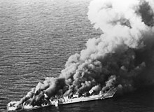 Aerial view of the burning Iranian frigate Sahand on April 18, 1988.