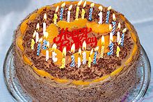 Birthday cake with 28 candles and the writing Happy Birthday