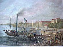 City view of Bordeaux after a coloured engraving from about 1850. In front right the terraces of the Place des Quinconces are visible.