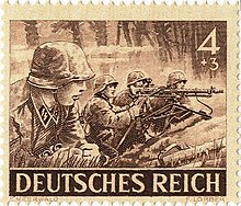 Poštovní známka z roku 1943. Zobrazuje vojáky Waffen-SS jako propagandu.