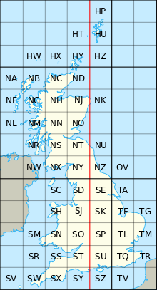 Quadrados do sistema de grade. A linha vermelha é o meridiano central (2° W).