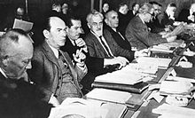 Participants of the Rittersturz Conference from left: Lorenz Bock, Viktor Renner, Franz Suchan, Hermann Lüdemann, Rudolf Katz, Hinrich Wilhelm Kopf, Justus Danckwerts