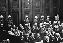 Back row from left: Karl Dönitz, Erich Raeder, Baldur von Schirach, Fritz Sauckel, Alfred Jodl, Franz von Papen, Arthur Seyß-Inquart, Albert Speer, Konstantin von Neurath, Hans Fritzsche. Front row from left: Hermann Göring, Rudolf Heß, Joachim von Ribbentrop, Wilhelm Keitel, Ernst Kaltenbrunner, Alfred Rosenberg, Hans Frank, Wilhelm Frick, Julius Streicher, Walther Funk and Hjalmar Schacht.