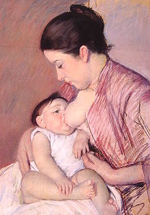 Eine Frau, die ihr Kind stillt; Gemälde von Mary Cassatt, 1890