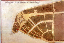 Lower Manhattan nel 1660, quando faceva parte di New Amsterdam. Il grande edificio verso la punta dell'isola è Fort Amsterdam. Il nord è sulla destra in questa mappa.