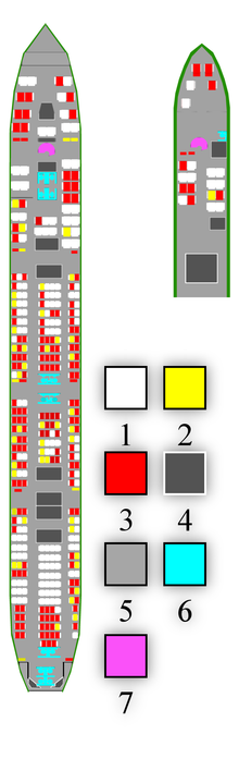 Mapa miejsc lotu 611; 1 - puste miejsce; 2 - ciała nie odnaleziono; 3 - ciała odnaleziono; 4 - wnęka; 5 - schowek; 6 - toaleta; 7 - schody